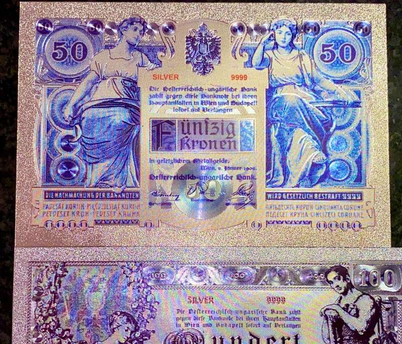 AUSTRIA - SET 100 KRONEN & 50 KRONEN 1902 -SILVER - COLORIZED GOLD FOIL999 CARD