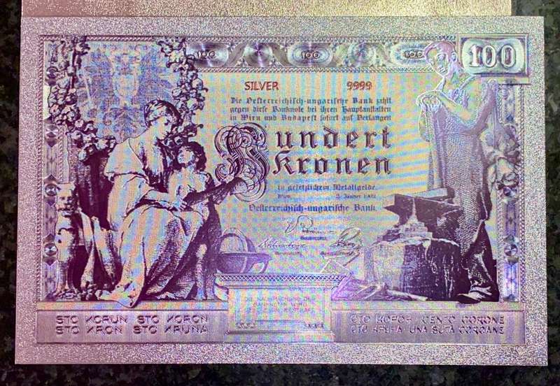 AUSTRIA - SET 100 KRONEN & 50 KRONEN 1902 -SILVER - COLORIZED GOLD FOIL999 CARD