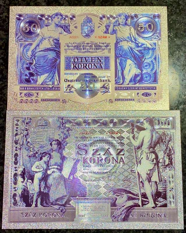 AUSTRIA - SET 100 KRONEN & 50 KRONEN 1902 -SILVER - COLORIZED GOLD FOIL999 CARD