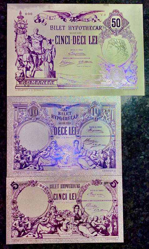 ROMANIA - SET 50 LEI, 10 LEI & 5 LEI  1877 - SILVER - COLORIZED GOLD FOIL999 BIG CARDS