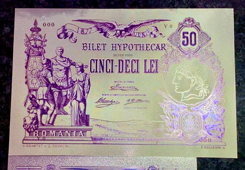 ROMANIA - SET 50 LEI, 10 LEI & 5 LEI  1877 - SILVER - COLORIZED GOLD FOIL999 BIG CARDS