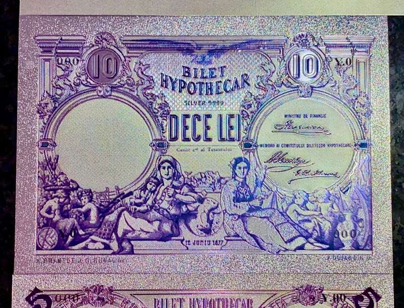 ROMANIA - SET 50 LEI, 10 LEI & 5 LEI  1877 - SILVER - COLORIZED GOLD FOIL999 BIG CARDS
