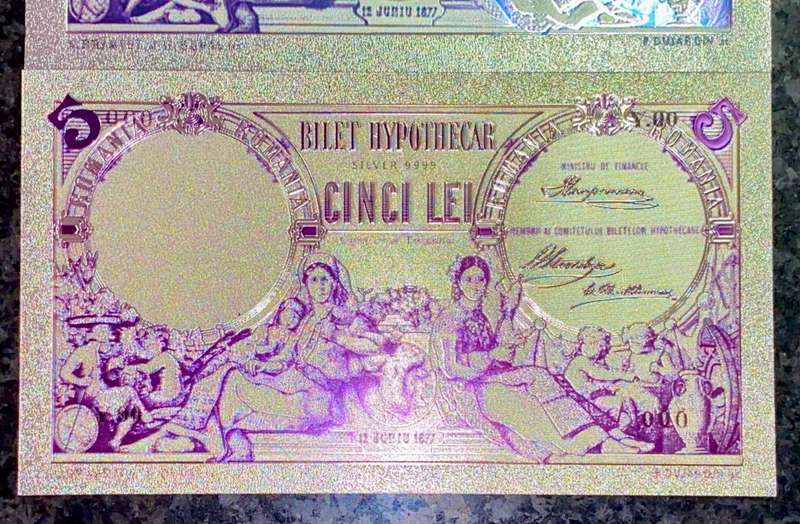 ROMANIA - SET 50 LEI, 10 LEI & 5 LEI  1877 - SILVER - COLORIZED GOLD FOIL999 BIG CARDS