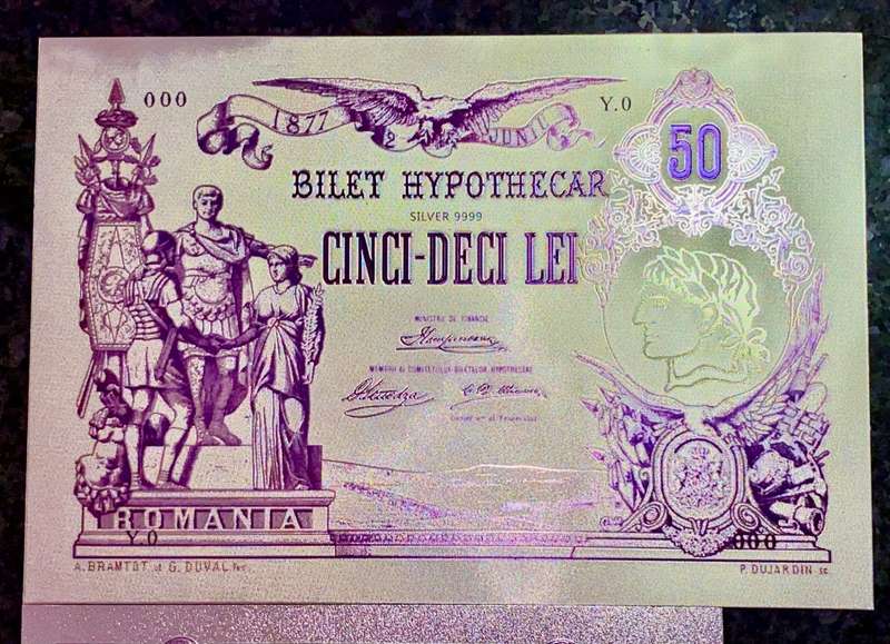 ROMANIA - SET 50 LEI, 10 LEI & 5 LEI  1877 - SILVER - COLORIZED GOLD FOIL999 BIG CARDS