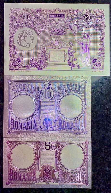 ROMANIA - SET 50 LEI, 10 LEI & 5 LEI  1877 - SILVER - COLORIZED GOLD FOIL999 BIG CARDS