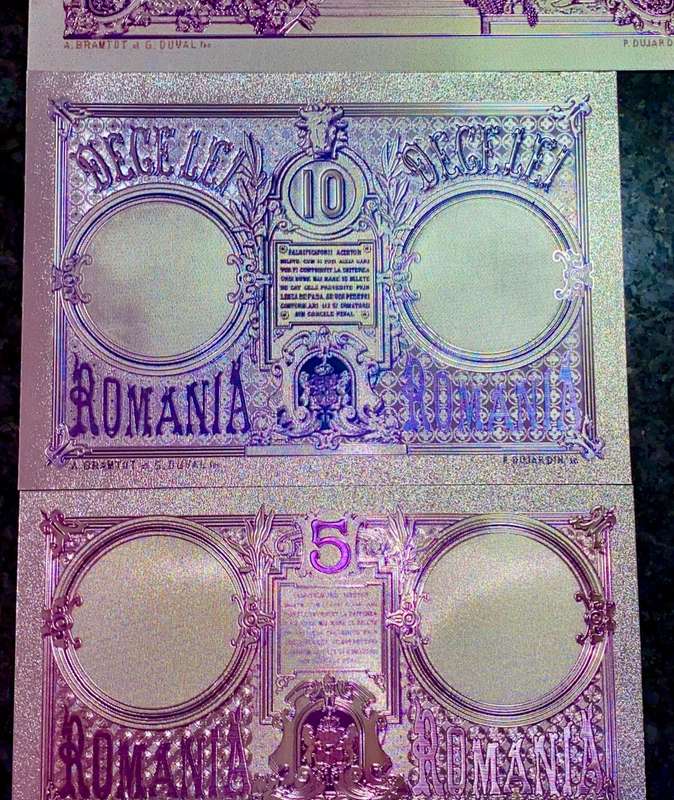 ROMANIA - SET 50 LEI, 10 LEI & 5 LEI  1877 - SILVER - COLORIZED GOLD FOIL999 BIG CARDS