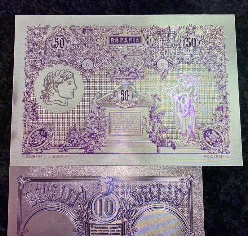 ROMANIA - SET 50 LEI, 10 LEI & 5 LEI  1877 - SILVER - COLORIZED GOLD FOIL999 BIG CARDS