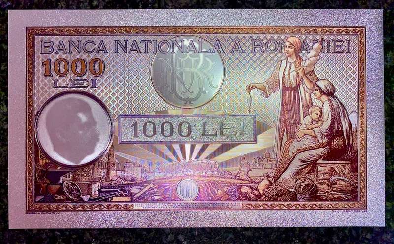 ROMANIA - 1000 LEI 1934 - SILVER - COLORIZED GOLD FOIL999 - LOVELY ART - HUGE CARD