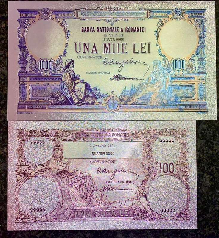 ROMANIA - 1000 LEI 1933 & 100 LEI 1931 - SILVER - COLORIZED GOLD FOIL999 - LOVELY ART - HUGE CARD