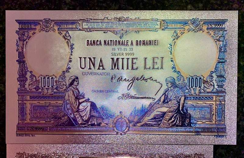 ROMANIA - 1000 LEI 1933 & 100 LEI 1931 - SILVER - COLORIZED GOLD FOIL999 - LOVELY ART - HUGE CARD