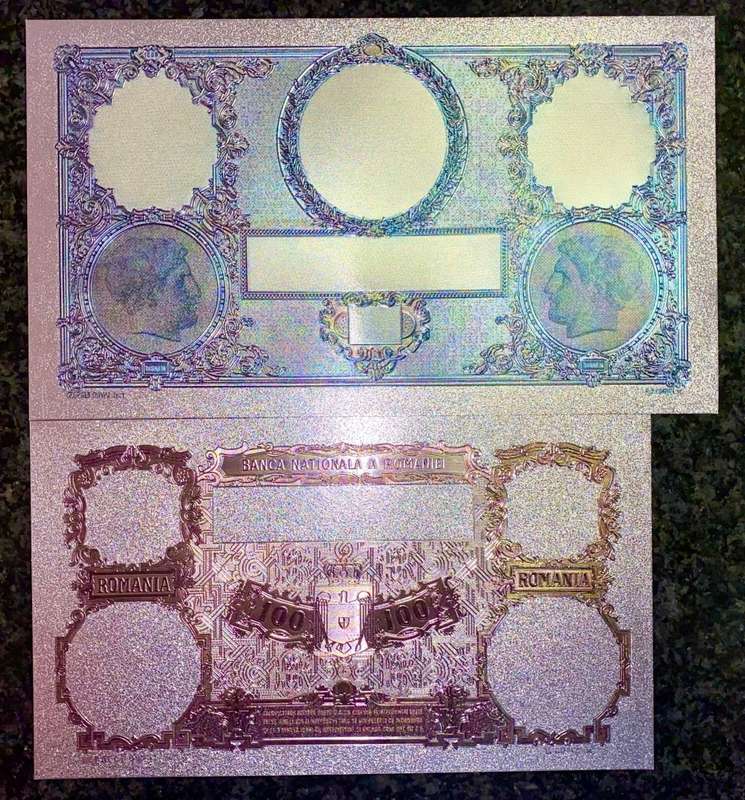 ROMANIA - 1000 LEI 1933 & 100 LEI 1931 - SILVER - COLORIZED GOLD FOIL999 - LOVELY ART - HUGE CARD