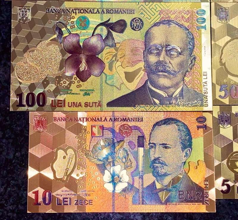 ROMANIA - FULL SET 500 LEI TO 1 LEI - GOLD FOIL999 CARD - AMAZING ART - WITH CERT & FOLDER