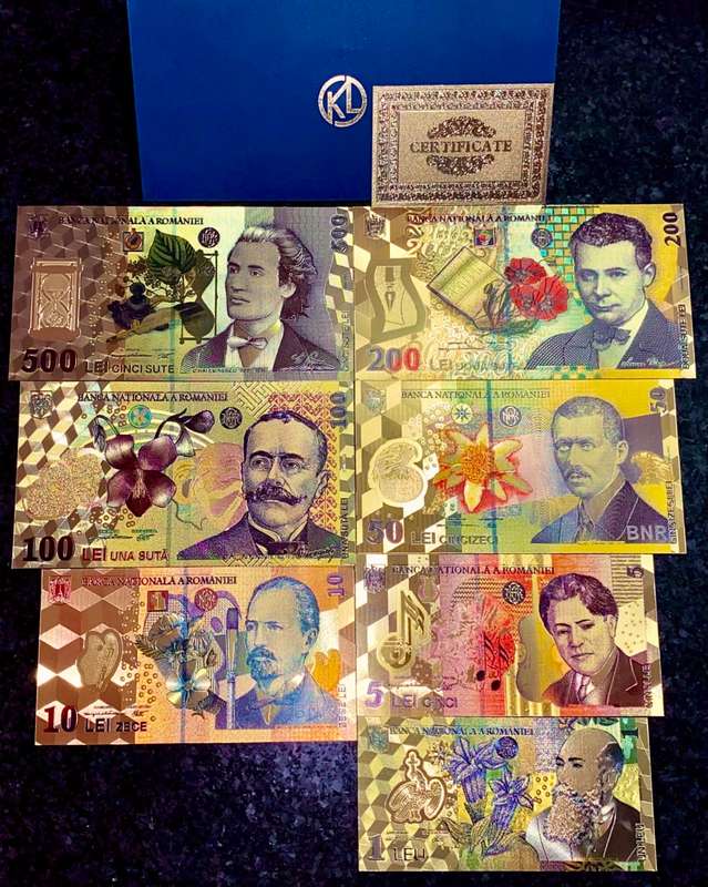 ROMANIA - FULL SET 500 LEI TO 1 LEI - GOLD FOIL999 CARD - AMAZING ART - WITH CERT & FOLDER