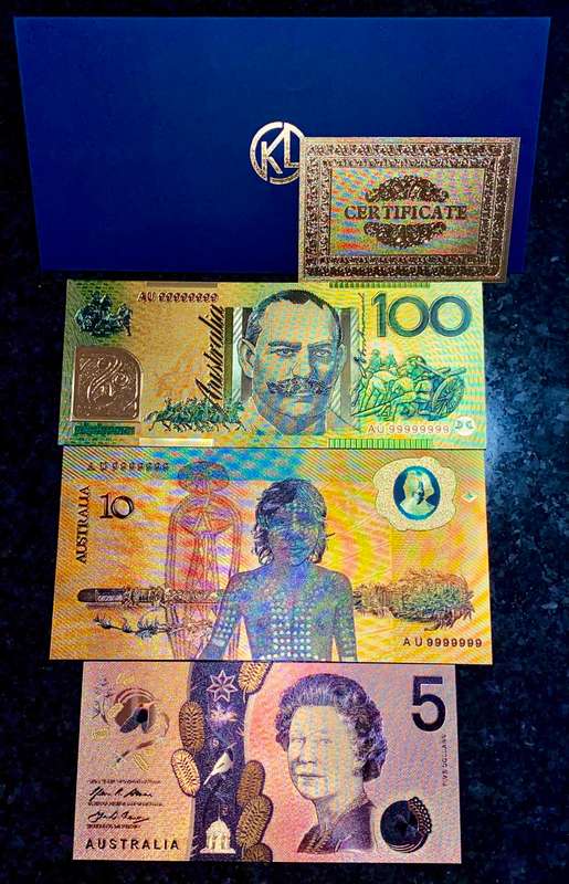 AUSTRALIA - 100 DOLLARS, 10 DOLLAR 1988 & 5 DOLLAR -COLORIZED GOLD FOIL999 CARD - WITH CERT & FOLDER