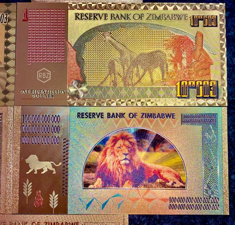 ZIMBABWE - SET $100 TRILLION, DECILLION, VIGINTILLION, BICENTILLION + .COLORIZED GOLD FOIL999 CARD