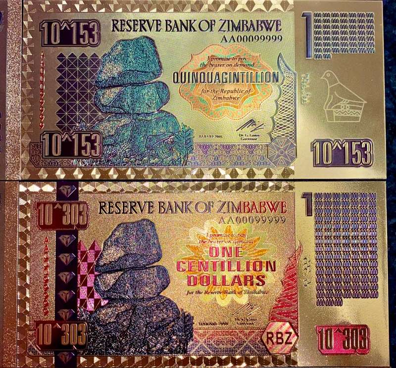 ZIMBABWE - SET $100 TRILLION, SEXVIGINTILLION, CENTILLION, OCTILLION + .COLORIZED GOLD FOIL999 CARD