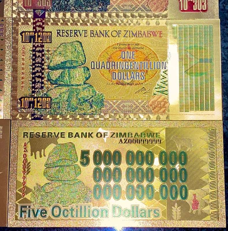 ZIMBABWE - SET $100 TRILLION, SEXVIGINTILLION, CENTILLION, OCTILLION + .COLORIZED GOLD FOIL999 CARD