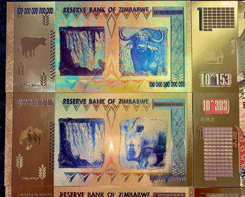 ZIMBABWE - SET $100 TRILLION, SEXVIGINTILLION, CENTILLION, OCTILLION + .COLORIZED GOLD FOIL999 CARD