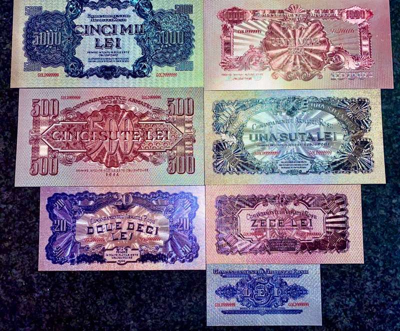ROMANIA - FULL SET 5000 LEI TO 1 LEI 1944 SILVER - COLORIZED GOLD FOIL999 CARD - AMAZING ART -