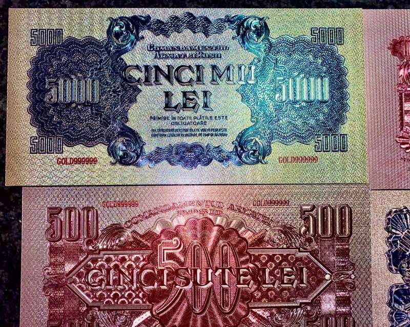 ROMANIA - FULL SET 5000 LEI TO 1 LEI 1944 SILVER - COLORIZED GOLD FOIL999 CARD - AMAZING ART -