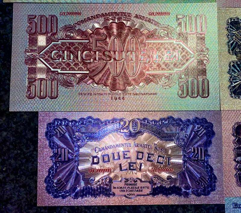 ROMANIA - FULL SET 5000 LEI TO 1 LEI 1944 SILVER - COLORIZED GOLD FOIL999 CARD - AMAZING ART -