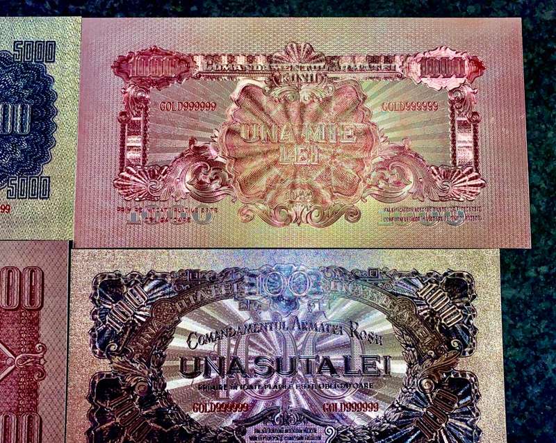 ROMANIA - FULL SET 5000 LEI TO 1 LEI 1944 SILVER - COLORIZED GOLD FOIL999 CARD - AMAZING ART -