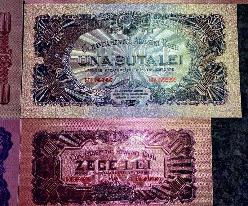 ROMANIA - FULL SET 5000 LEI TO 1 LEI 1944 SILVER - COLORIZED GOLD FOIL999 CARD - AMAZING ART -