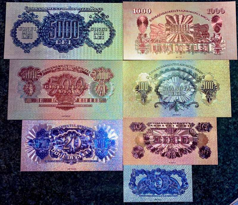ROMANIA - FULL SET 5000 LEI TO 1 LEI 1944 SILVER - COLORIZED GOLD FOIL999 CARD - AMAZING ART -