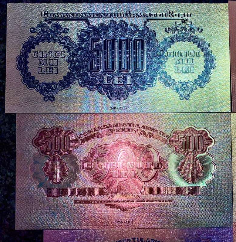 ROMANIA - FULL SET 5000 LEI TO 1 LEI 1944 SILVER - COLORIZED GOLD FOIL999 CARD - AMAZING ART -