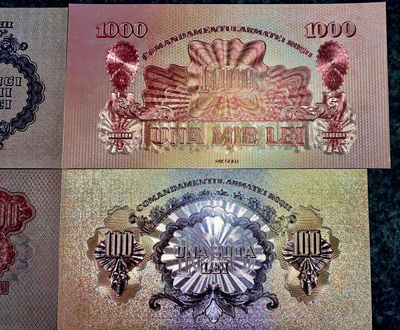 ROMANIA - FULL SET 5000 LEI TO 1 LEI 1944 SILVER - COLORIZED GOLD FOIL999 CARD - AMAZING ART -