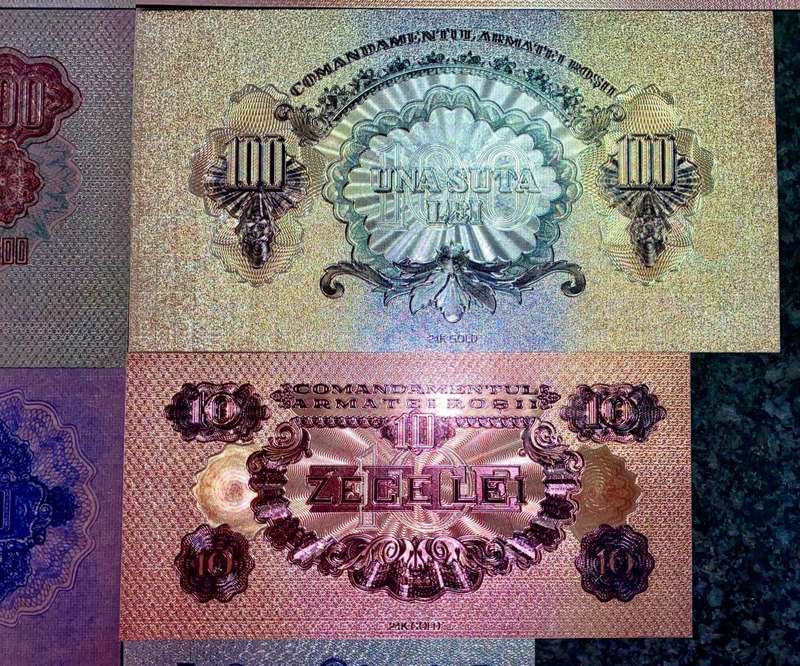 ROMANIA - FULL SET 5000 LEI TO 1 LEI 1944 SILVER - COLORIZED GOLD FOIL999 CARD - AMAZING ART -