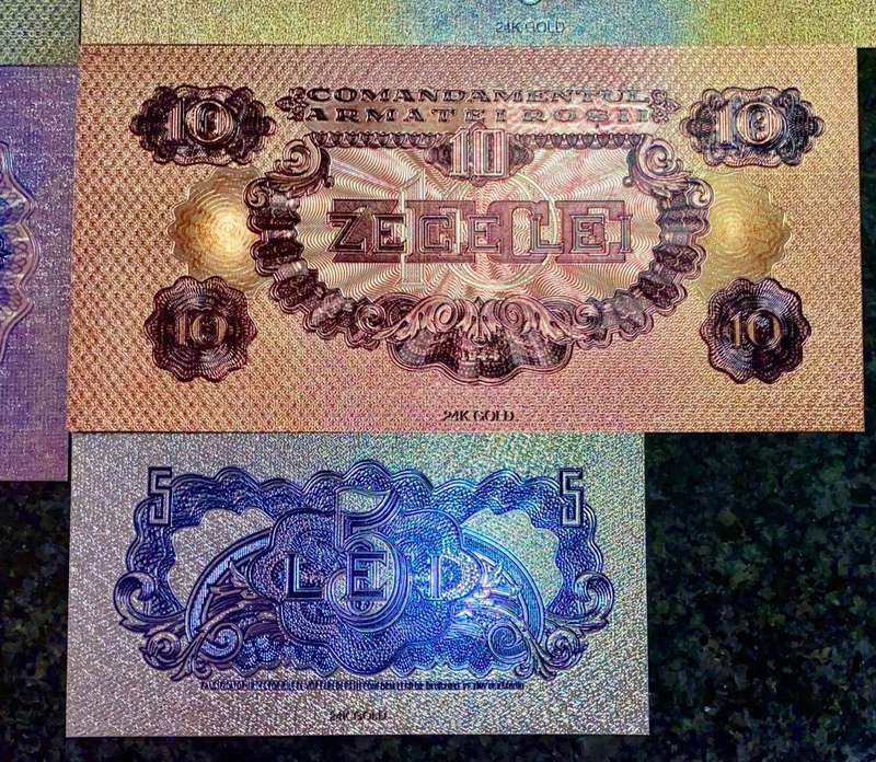 ROMANIA - FULL SET 5000 LEI TO 1 LEI 1944 SILVER - COLORIZED GOLD FOIL999 CARD - AMAZING ART -