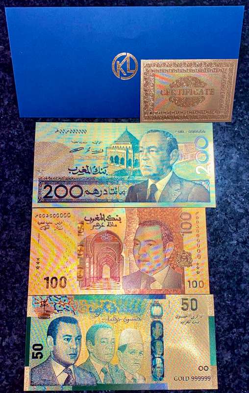 MOROCCO - SET 200 DIRHAMS, 100 DIRHAMS & 50 DM 1987 COLORIZED GOLD FOIL999 CARD - WITH CERT & FOLDER