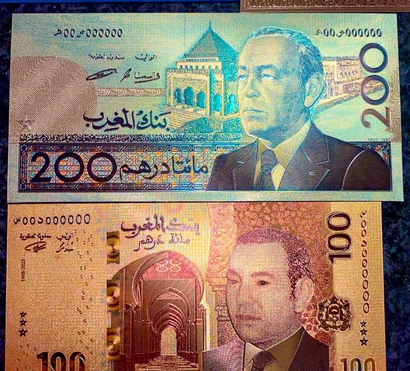 MOROCCO - SET 200 DIRHAMS, 100 DIRHAMS & 50 DM 1987 COLORIZED GOLD FOIL999 CARD - WITH CERT & FOLDER
