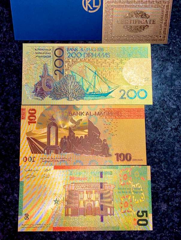 MOROCCO - SET 200 DIRHAMS, 100 DIRHAMS & 50 DM 1987 COLORIZED GOLD FOIL999 CARD - WITH CERT & FOLDER