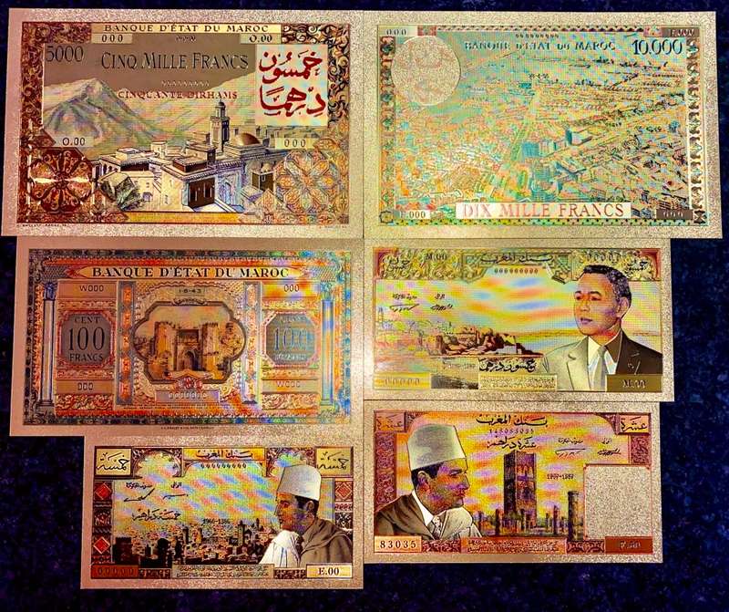 MOROCCO - SET 10,000 FRANCS TO 5 DIRHAMS 1943-1969 COLORIZED GOLD FOIL999 CARDS