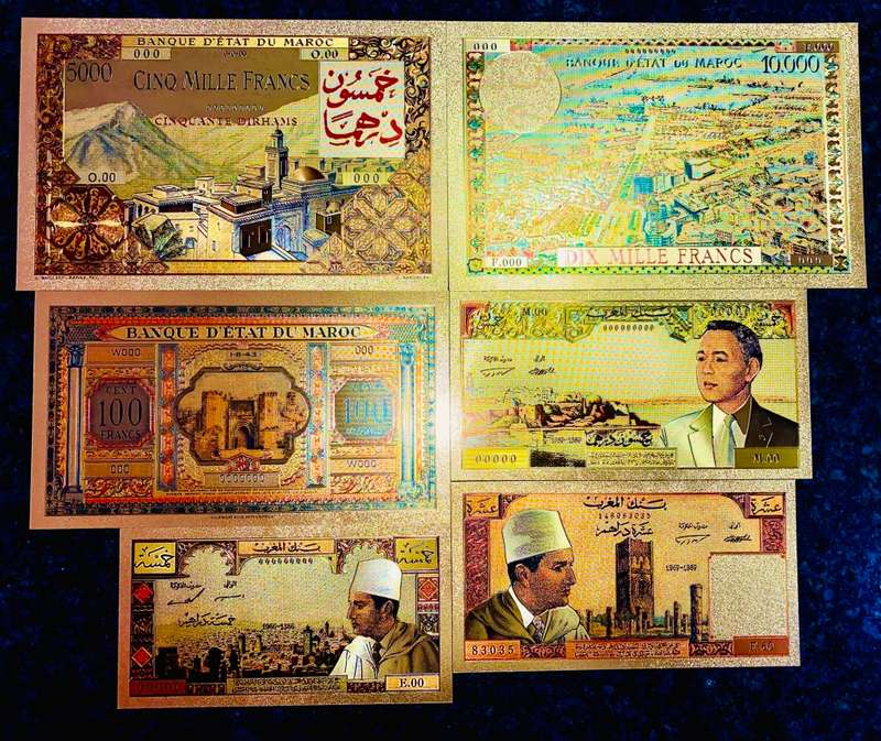 MOROCCO - SET 10,000 FRANCS TO 5 DIRHAMS 1943-1969 COLORIZED GOLD FOIL999 CARDS