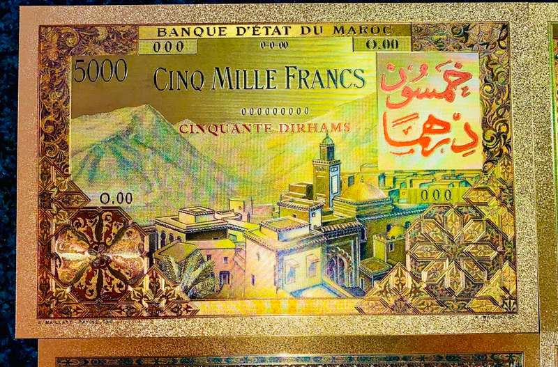 MOROCCO - SET 10,000 FRANCS TO 5 DIRHAMS 1943-1969 COLORIZED GOLD FOIL999 CARDS