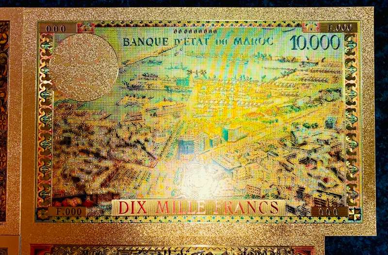 MOROCCO - SET 10,000 FRANCS TO 5 DIRHAMS 1943-1969 COLORIZED GOLD FOIL999 CARDS