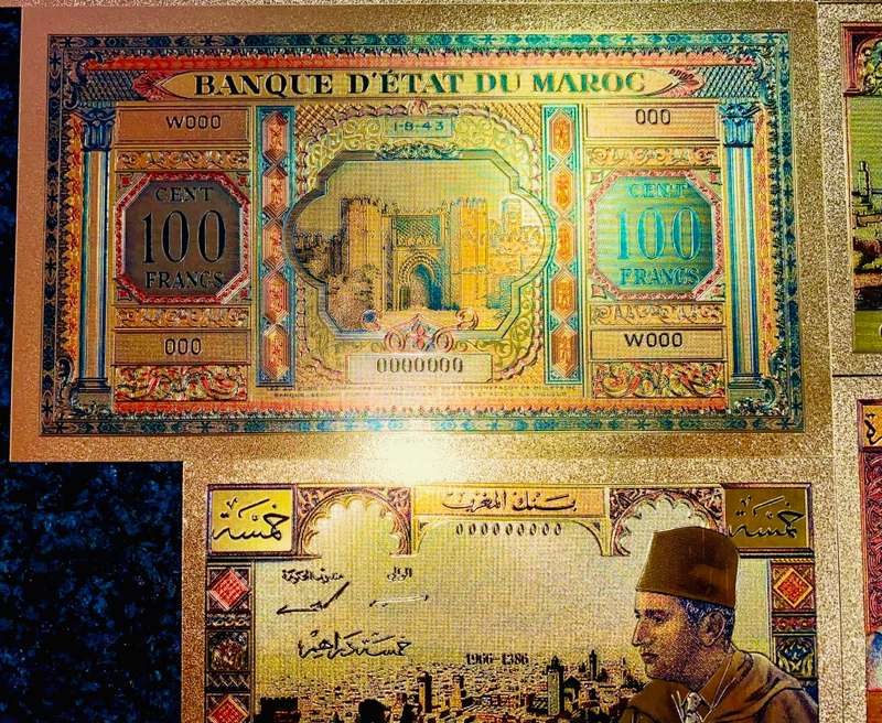 MOROCCO - SET 10,000 FRANCS TO 5 DIRHAMS 1943-1969 COLORIZED GOLD FOIL999 CARDS