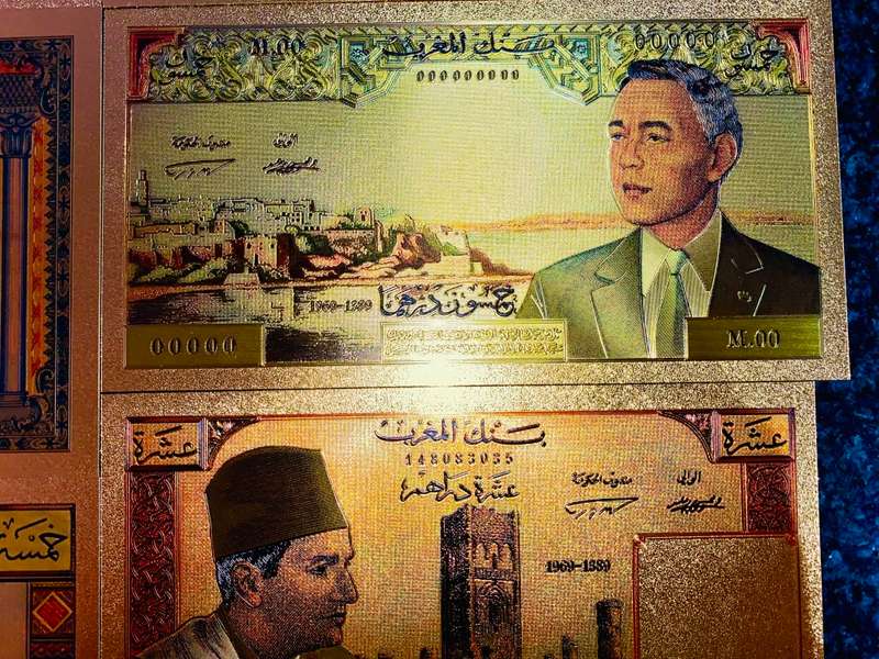 MOROCCO - SET 10,000 FRANCS TO 5 DIRHAMS 1943-1969 COLORIZED GOLD FOIL999 CARDS