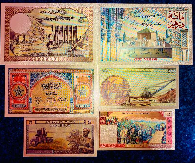 MOROCCO - SET 10,000 FRANCS TO 5 DIRHAMS 1943-1969 COLORIZED GOLD FOIL999 CARDS