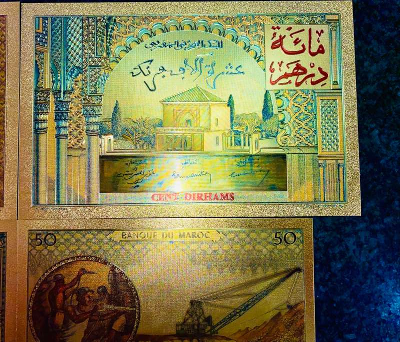 MOROCCO - SET 10,000 FRANCS TO 5 DIRHAMS 1943-1969 COLORIZED GOLD FOIL999 CARDS