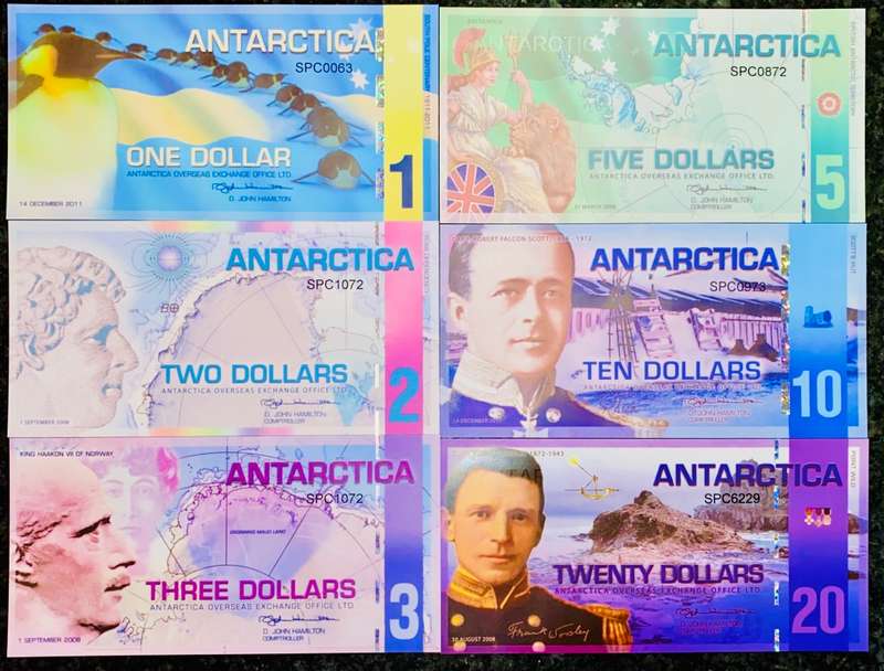 ANTARCTICA - SET 20 DOLLARS TO 1 DOLLAR 2008-2011 - WORLD ART MONEY - COLLECTORS FANTASY BANKNOTES