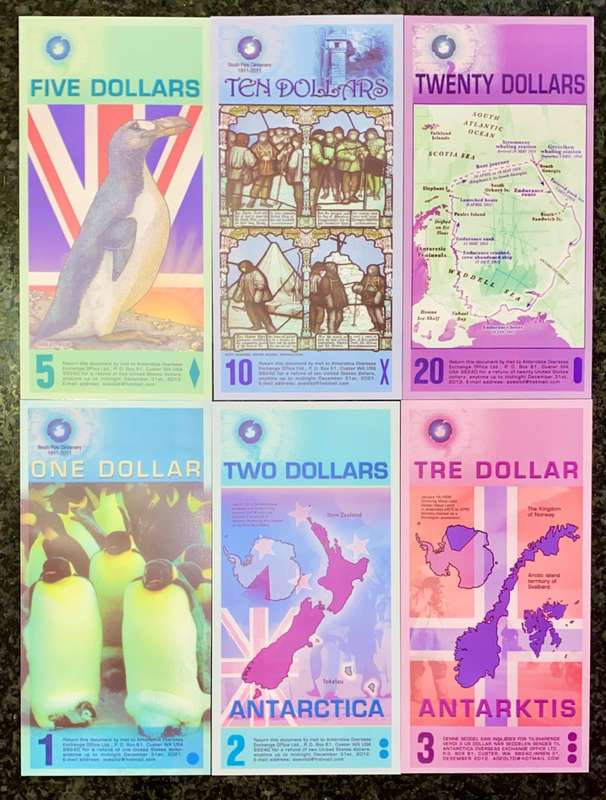 ANTARCTICA - SET 20 DOLLARS TO 1 DOLLAR 2008-2011 - WORLD ART MONEY - COLLECTORS FANTASY BANKNOTES