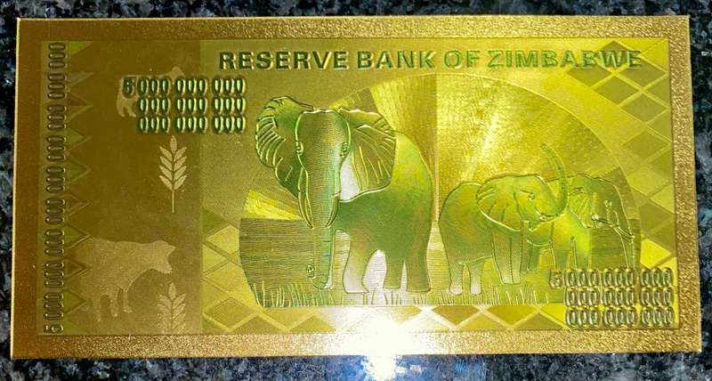ZIMBABWE - FIVE OCTILLION DOLLAR`S (5 WITH 27 ZEROS) - COLORIZED GOLD FOIL999 CARD - AMAZING ART -