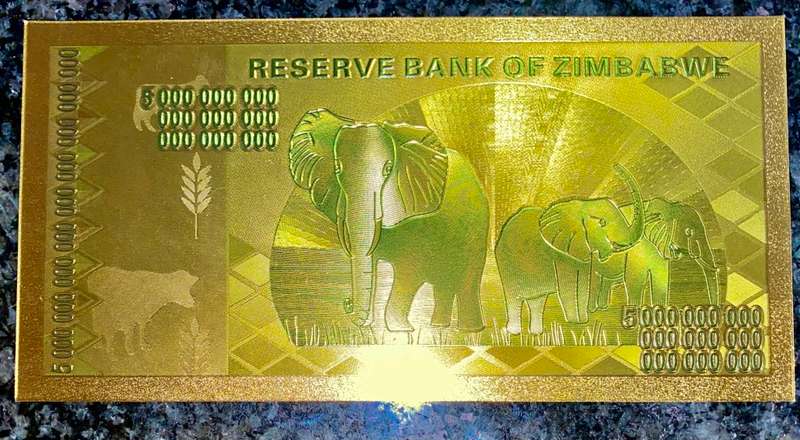 ZIMBABWE - FIVE OCTILLION DOLLAR`S (5 WITH 27 ZEROS) - COLORIZED GOLD FOIL999 CARD - AMAZING ART -