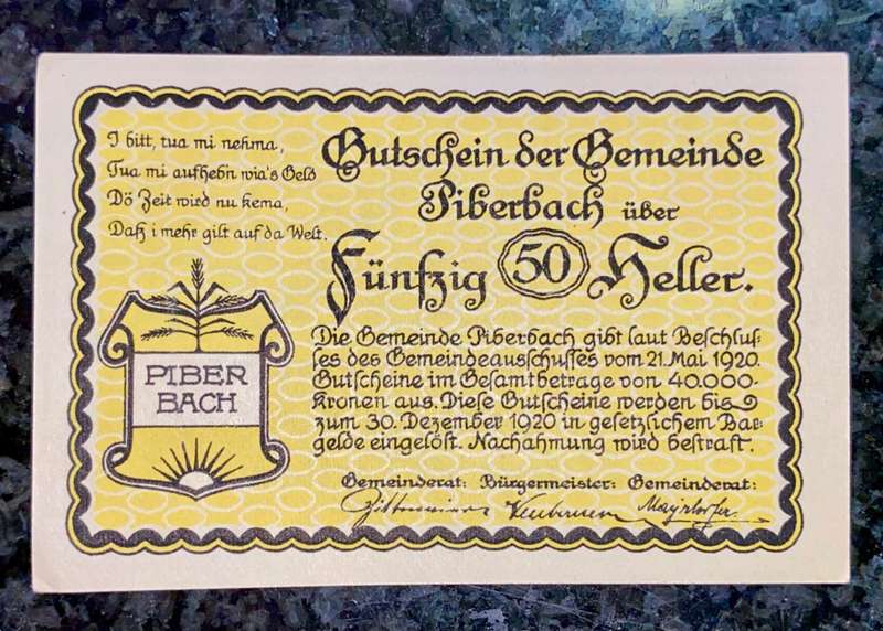 AUSTRIA 50 HELLER - PIBERBACH - 1920 UNC NOTGELD (EMERGENCY MONEY)