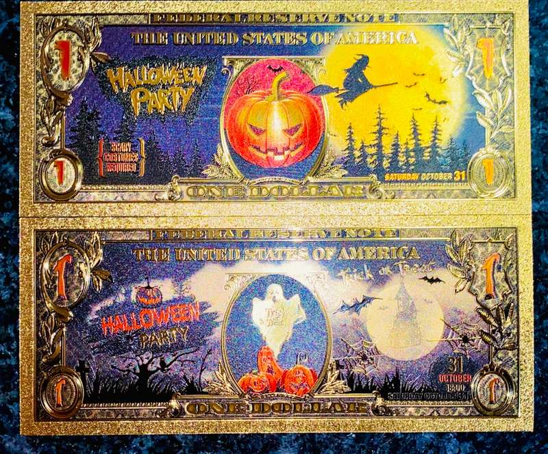 U S A -- 1 DOLLAR HALLOWEEN -- COLORIZED GOLD FOIL 999999 CARD - LOVELY ART - (1 BID TAKES ALL)