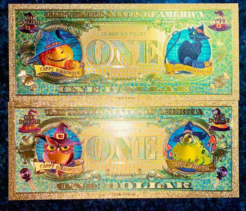 U S A -- 1 DOLLAR HALLOWEEN -- COLORIZED GOLD FOIL 999999 CARD - LOVELY ART - (1 BID TAKES ALL)